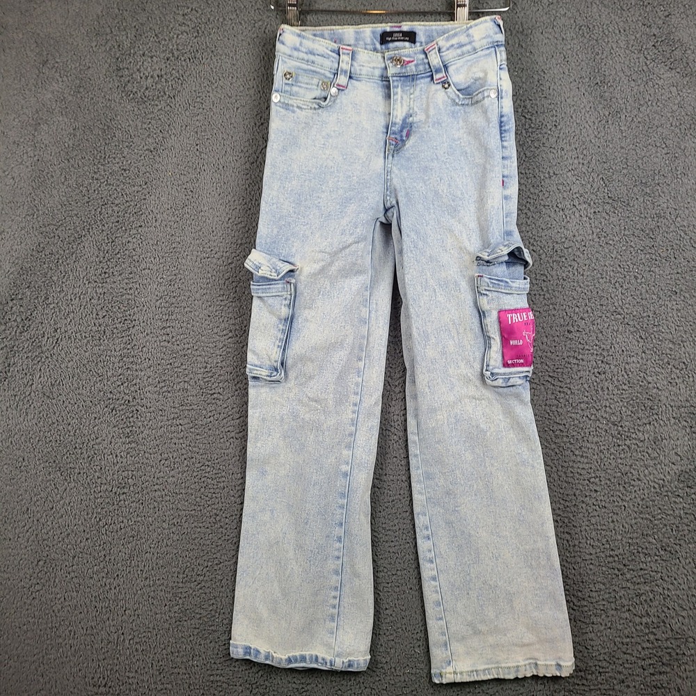 True Religion Leila Girls High Rise Wide Leg Cargo Jeans Light Wash Pink 12